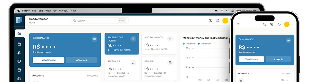 The kontaqui dashboard on a laptop and a phone: cash balance, the month's bills and the business modules.