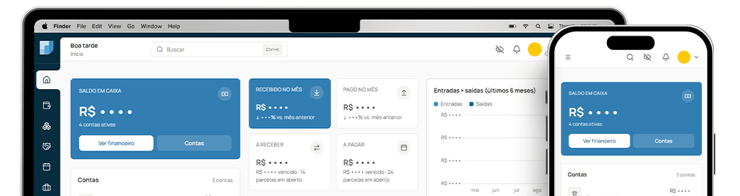 Painel do kontaqui num notebook e num celular: saldo em caixa, contas do mês e os módulos do negócio.
