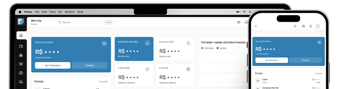 Painel do kontaqui num notebook e num celular: saldo em caixa, contas do mês e os módulos do negócio.